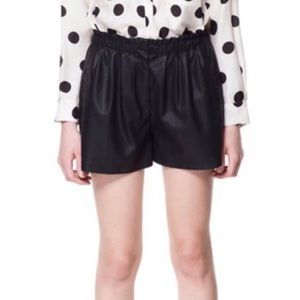 Zara Pleated High Waisted Leather Shorts, Black